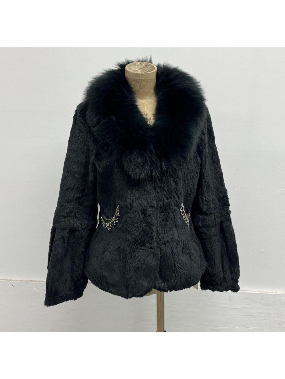 Vintage Black Rabbit & Fox Fur Jacket Rhinestone Detail